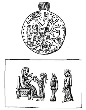 Золотой медальон и оттиск цилиндрической печати с изображением Анахиты