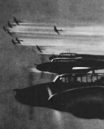 Немецкие истребители (на переднем плане) перед атакой стратегических бомбардировщиков союзников